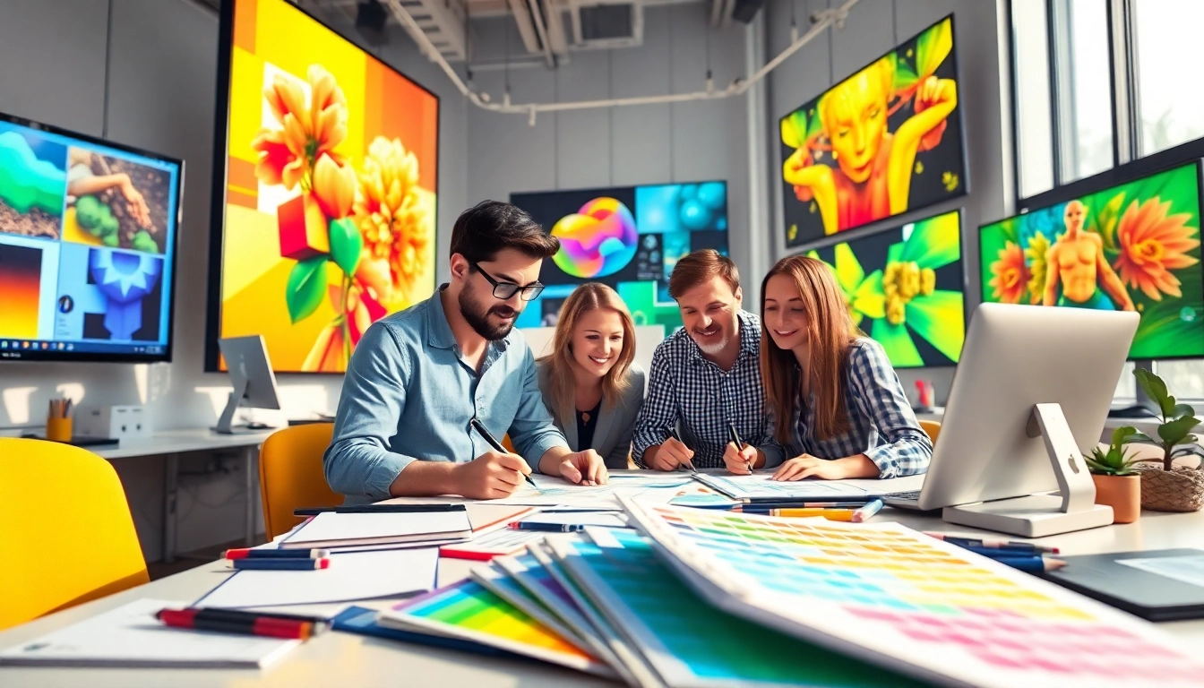 Showcasing the teamwork of designers at https://bestdesignersintheworld.com/ with vibrant artworks in a bright workspace.