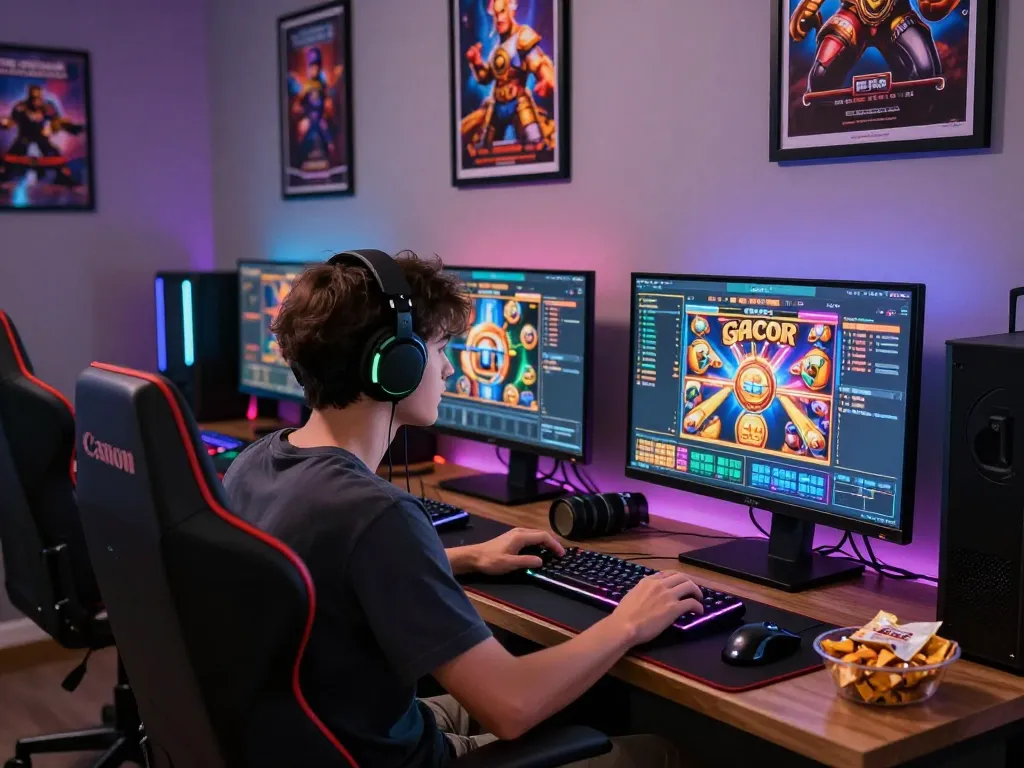 Immersive gaming setup featuring slot gacor games with vibrant visuals and modern gaming peripherals.