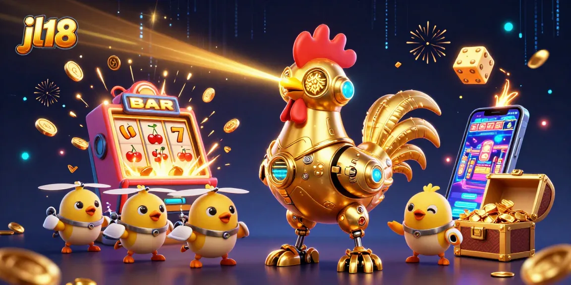 jl18 engages users with a thrilling 3D slot experience featuring a golden rooster robot and baby chick drones.