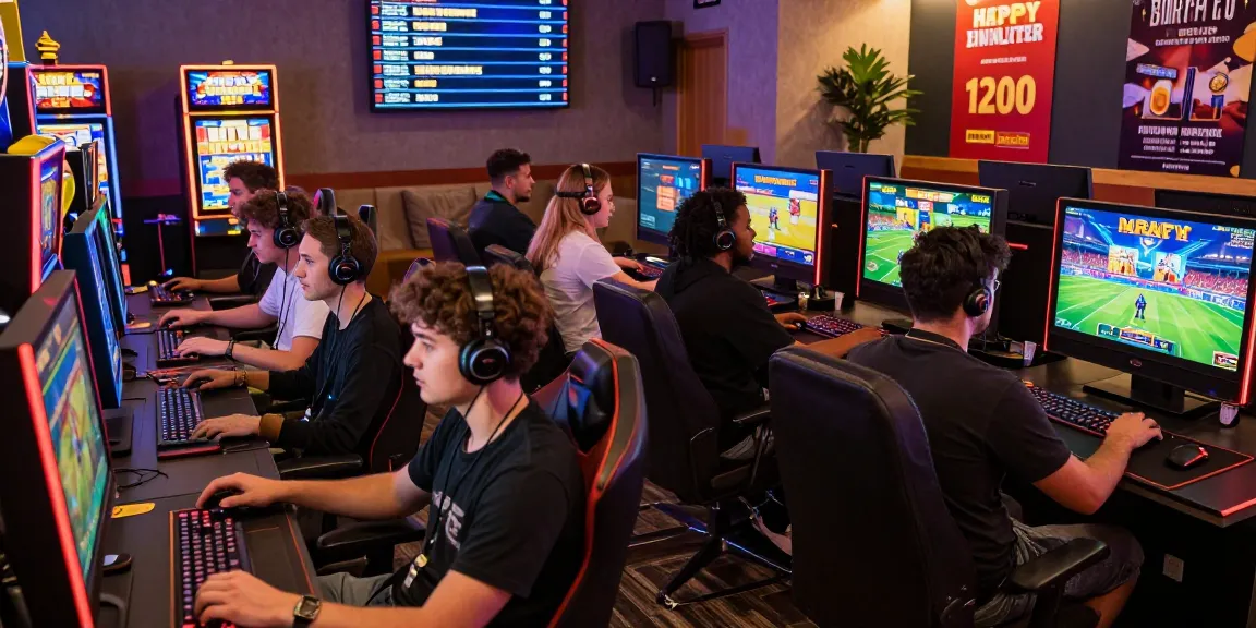 Players enjoying the situs raja328 gaming experience with vibrant screens, modern lounge, and lively atmosphere.