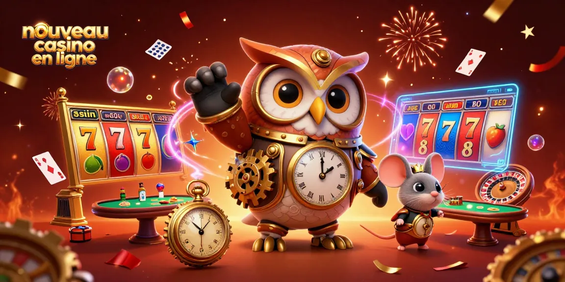 Illustration dynamique d'un nouveau casino en ligne avec un hibou voyageur, une souris et des éléments de jeux captivants.