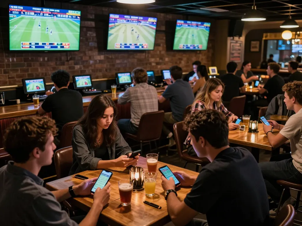 Patrons placing bets on their smartphones while enjoying sports at a lively bar, thể thao mb66 atmosphere.