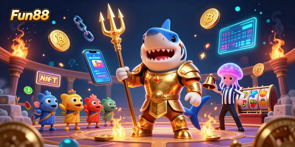 Engage with Fun88's vibrant underwater casino featuring a tiger shark in gladiator armor amidst colorful slot game elements.