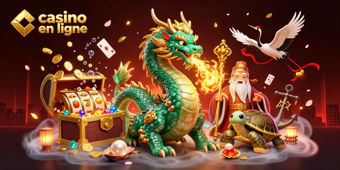 Illustration d'un dragon en jade émettant du feu doré, associé à des éléments de casino en ligne.