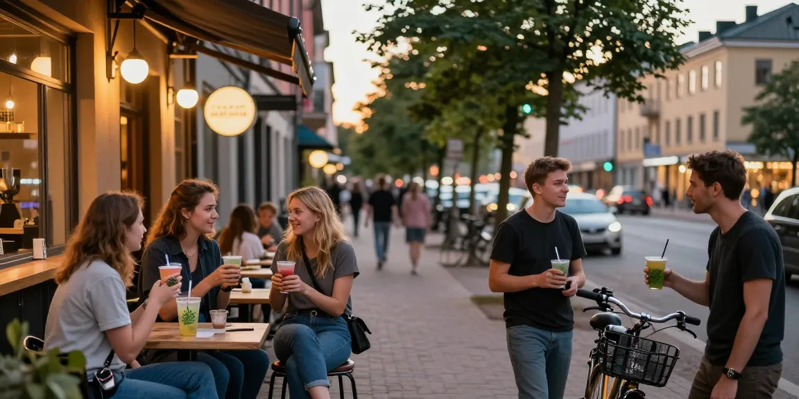 Where can I legally buy weed in Finland? Group of young adults discussing cannabis culture at a café in Helsinki.