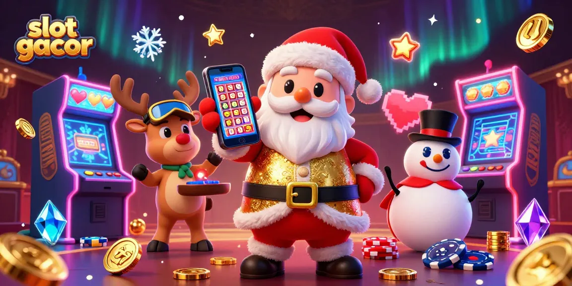 Menggunakan slot gacor di kasino, Santa Claus bersenang-senang dengan mesin slot live bersama teman-temannya.