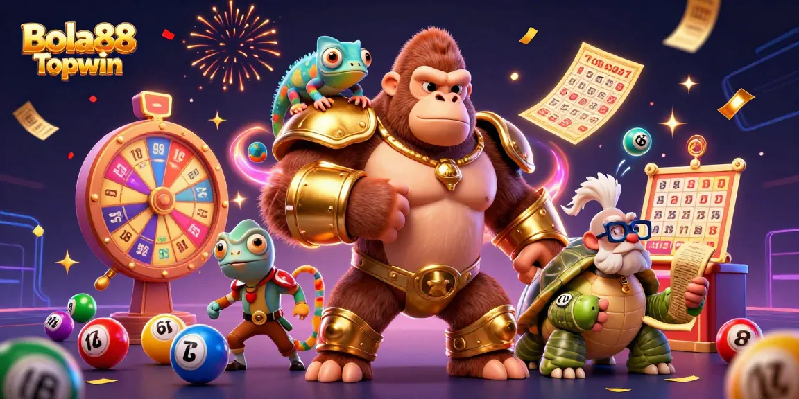 Bola88 Topwin showcases a powerful gorilla king and vibrant game elements in an energetic casino scene.