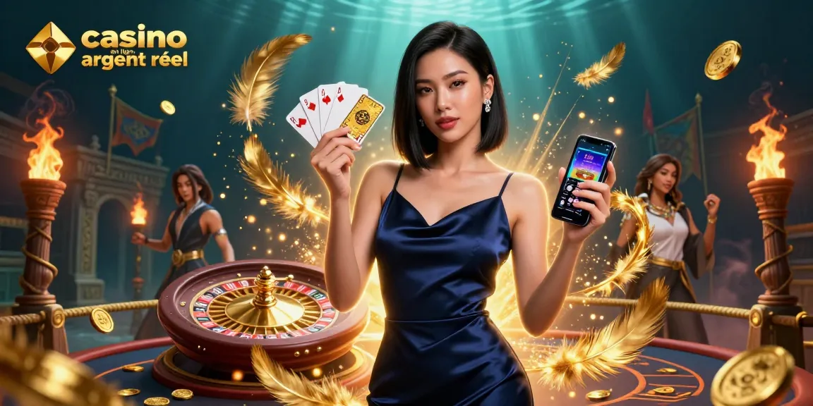 Interagissez avec le casino en ligne argent réel alors qu'une magnifique femme asiatique fait preuve de confiance, tenant un smartphone et une jeton doré.