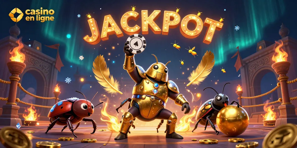 Le casino en ligne s'anime avec un scarabée en armure d'or qui lève un jeton de poker dans une arène palpitante.