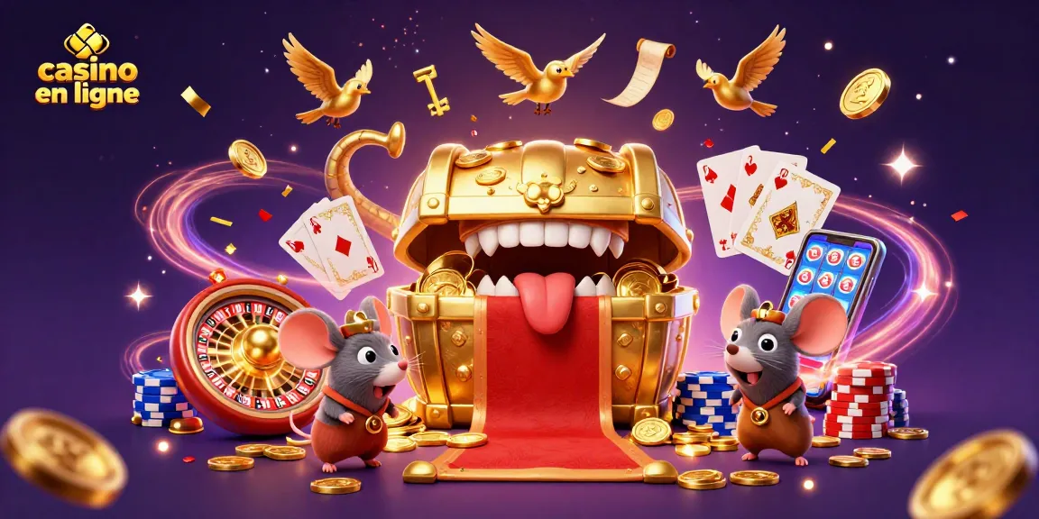 Illustration d'une scène de casino en ligne captivante avec un coffre au trésor et des souris aventurières attirées par des richesses.