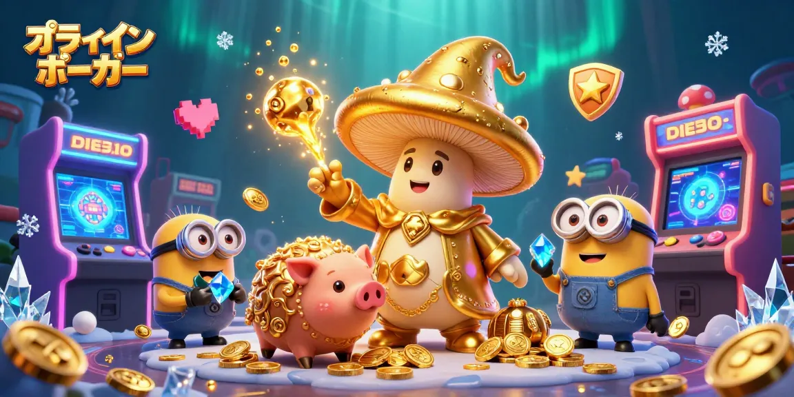 オンラインポーカーで遊ぶための3Dキャラクターとゲーム要素が満載のイラスト