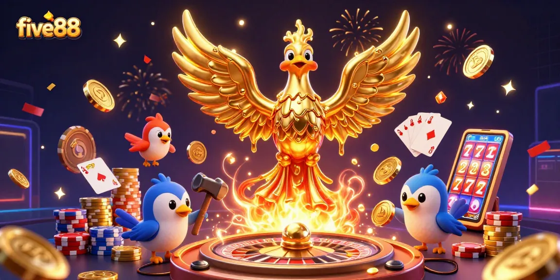 Join five88 for an exciting adventure with a golden phoenix rising in a vibrant casino atmosphere.