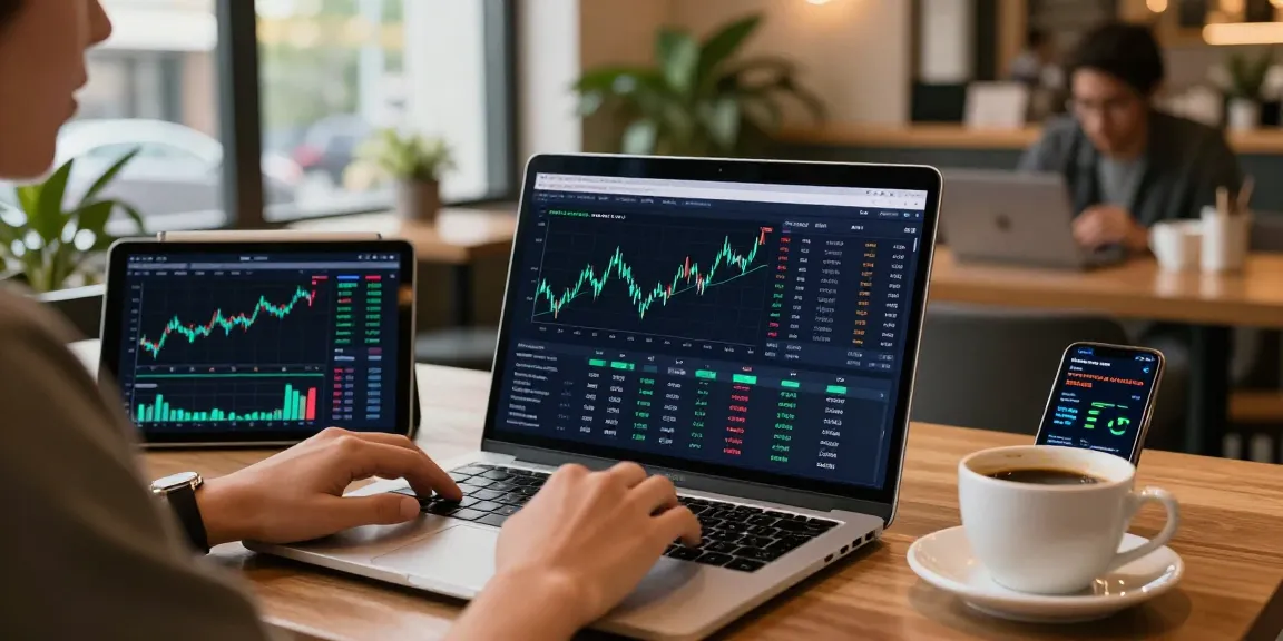 Cricbet99 crypto trading setup in a cozy coffee shop with real-time market charts and DeFi analytics, highlighting innovative trading practices.