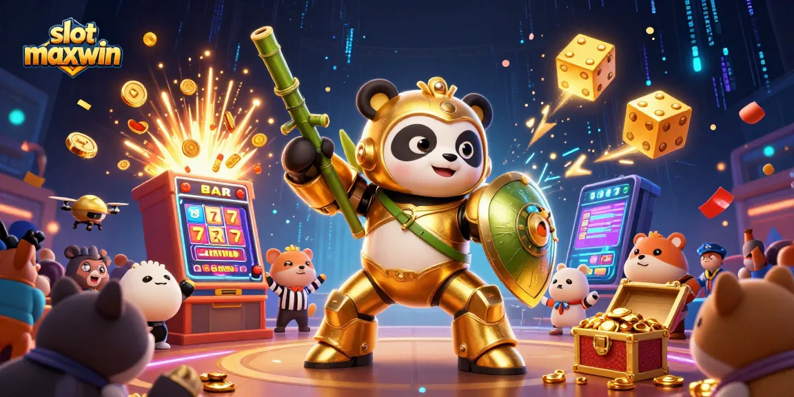 Experience the thrill of slot maxwin in a vibrant 3D scene filled with jackpots and game symbols.