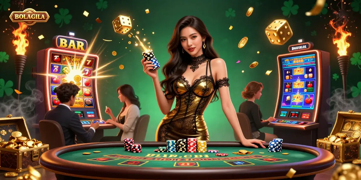 BOLAGILA showcases an Asian woman confidently playing at a luxurious baccarat table surrounded by vibrant casino elements.