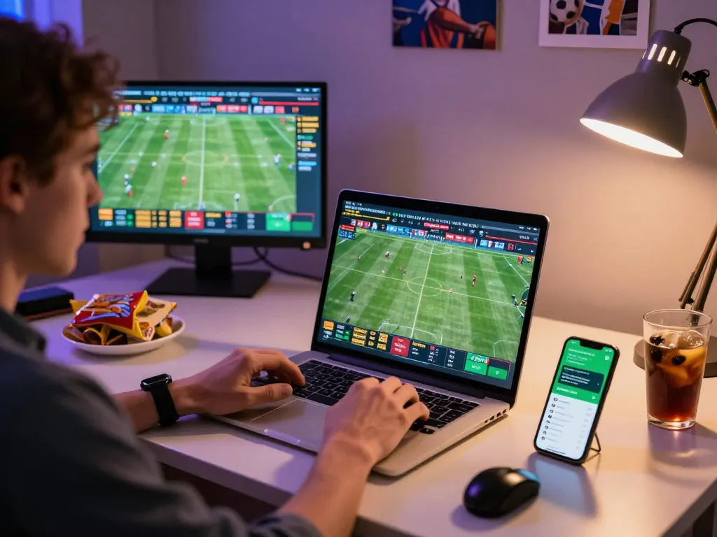 User Bintangmpo terlibat dalam aksi taruhan olahraga langsung menggunakan laptop dan smartphone, menampilkan lingkungan taruhan yang menarik