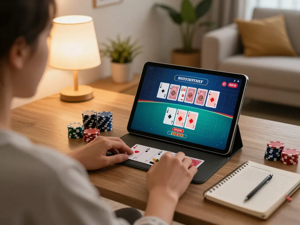 Engage in strategic gameplay on https://vu88.lol/ while playing blackjack at home in a cozy living room.