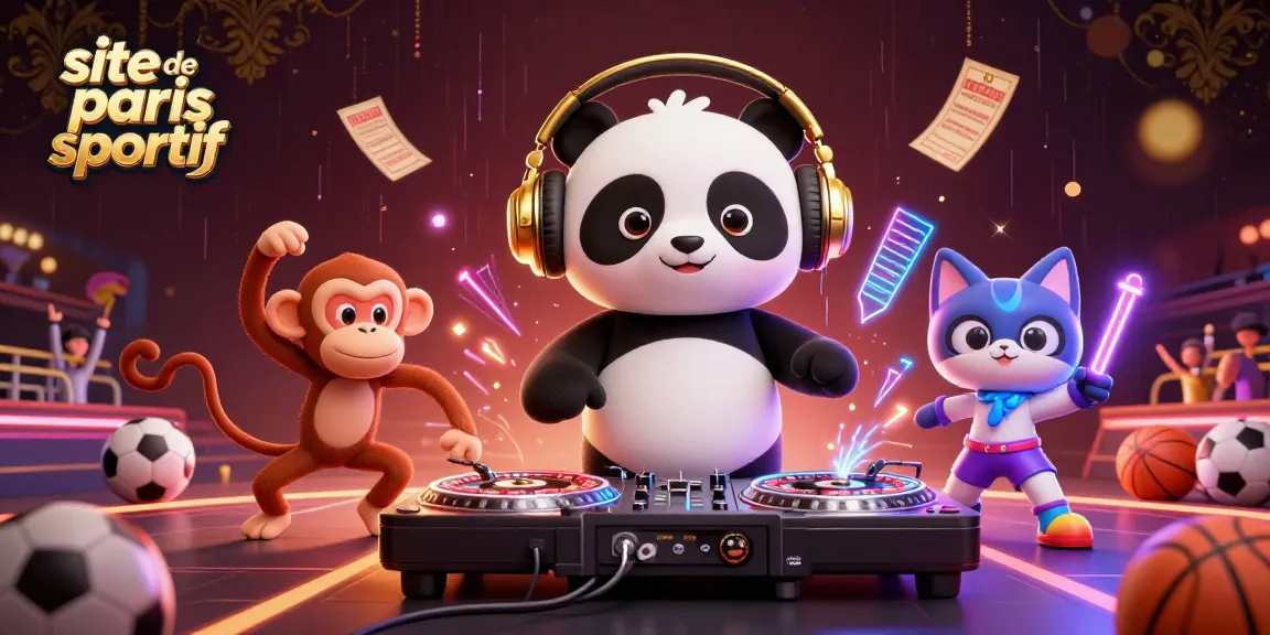 Site de paris sportifs captivant avec un DJ panda, un singe et un chat en pleine ambiance de jeux sportifs.