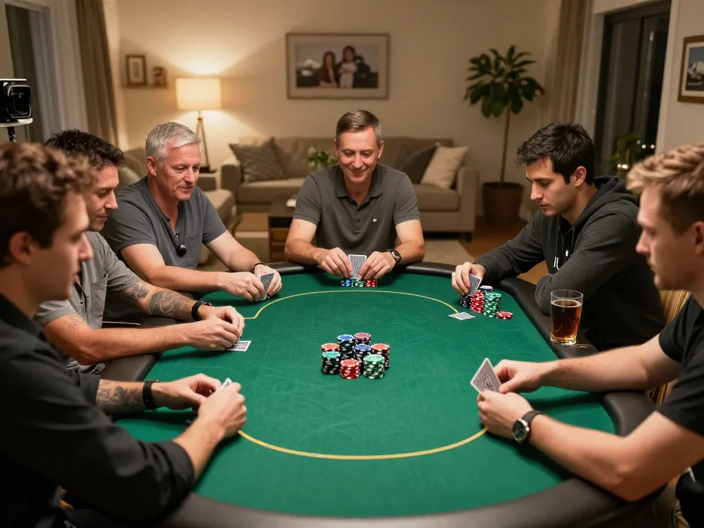 Players engaging in a fierce poker game at home, showcasing strategic moments with Palm Harbor Divorce Lawyer proximity.
