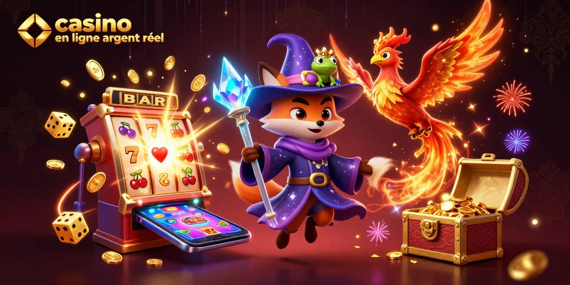 Illustration 3D d'un casino en ligne argent réel avec un renard sorcier, un phénix, et des symboles de jackpot