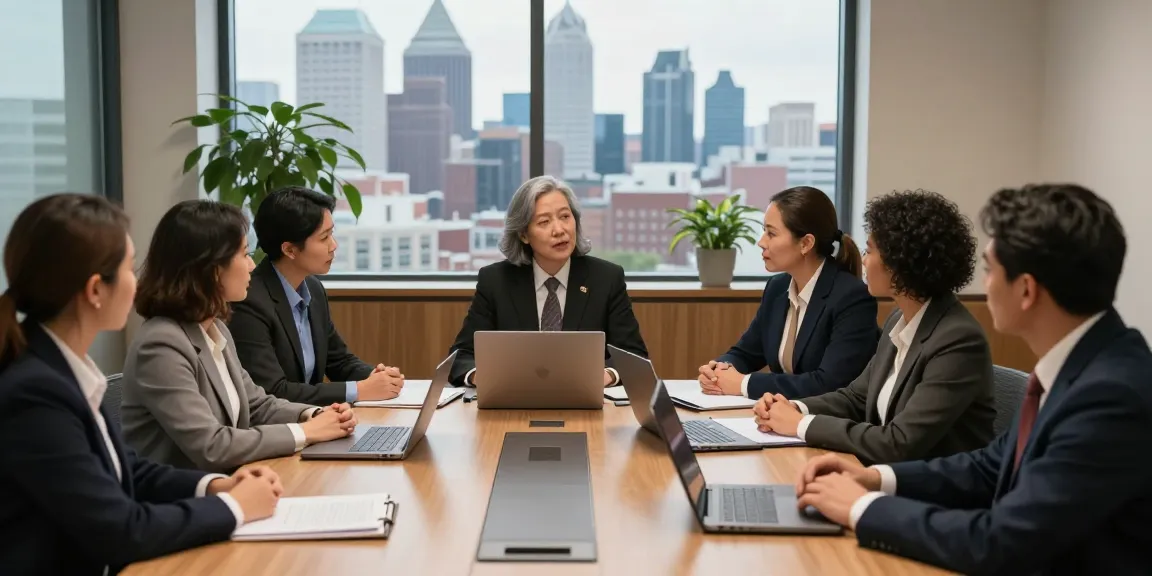 Philadelphia Employment Lawyer consulting with diverse legal team in modern office setting.