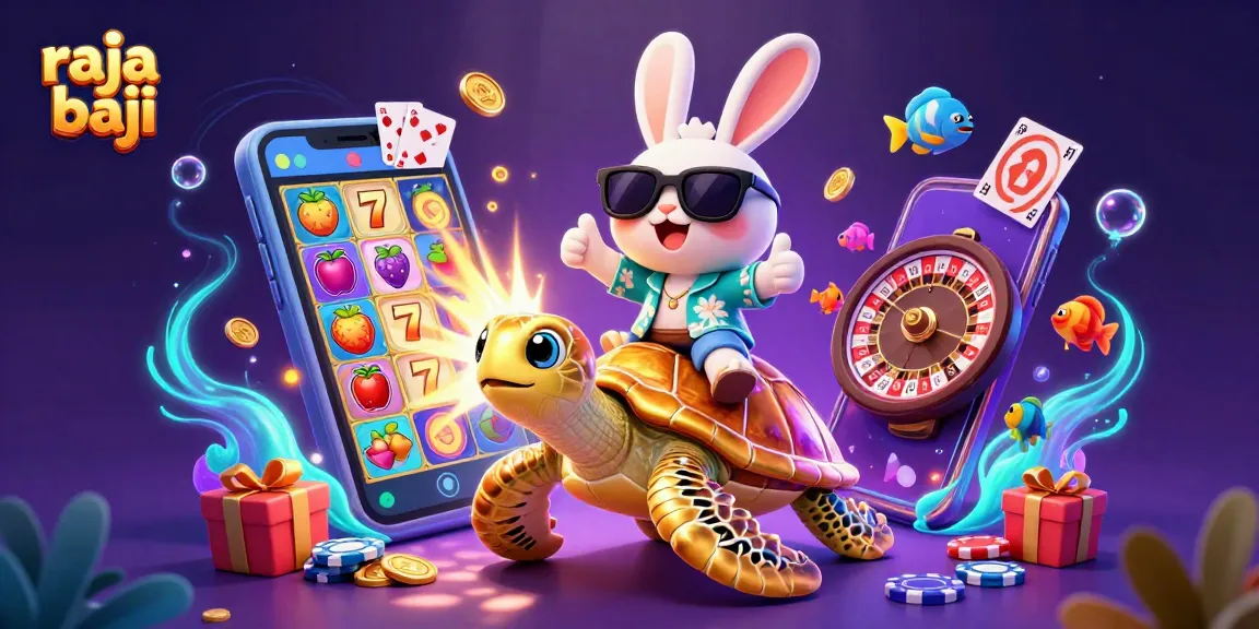 Experience thrilling raja baji adventures featuring a lucky rabbit and golden turtle amidst vibrant casino elements.