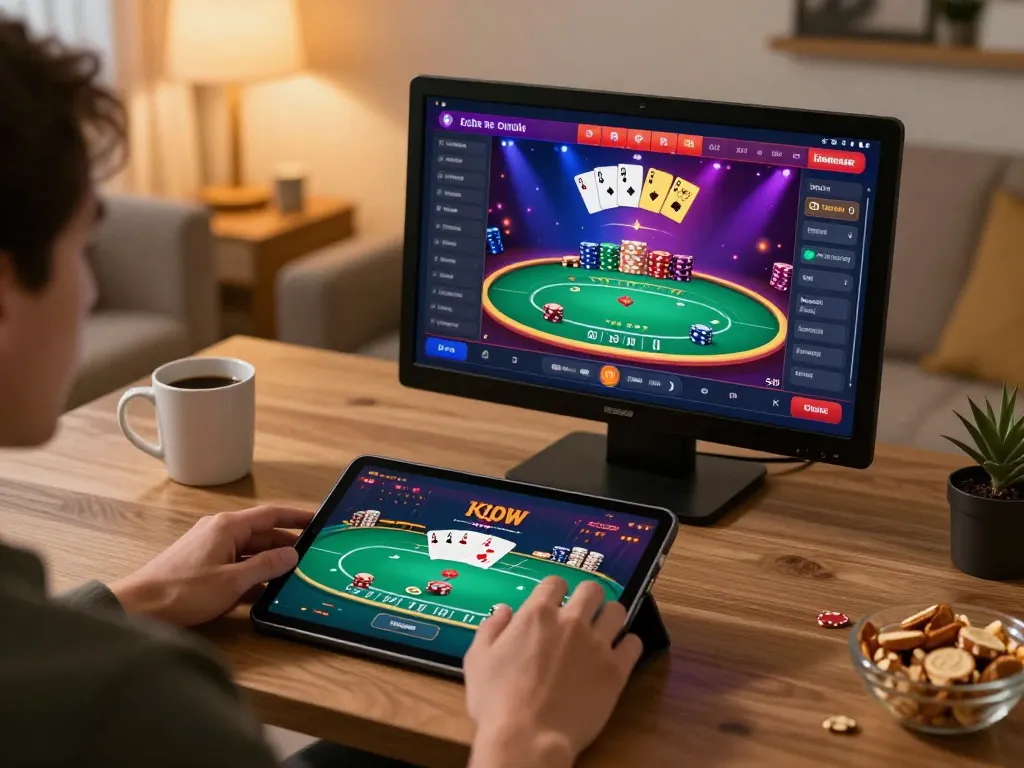 O8 gaming experience with a player engaging in online poker from a cozy setup, showcasing relaxed gambling.