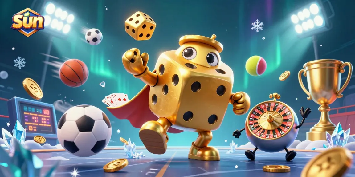 Win big with sun-inspired casino elements in a dynamic 3D illustration featuring dice, sports, and excitement.