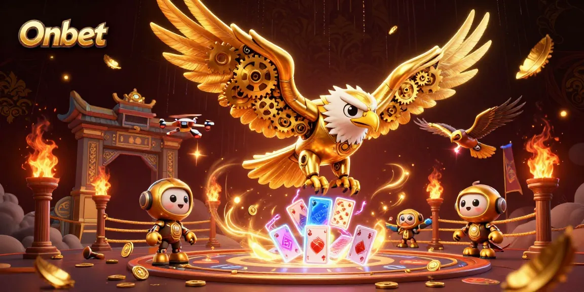 Onbet engages players with a stunning 3D illustration of a golden eagle soaring through holographic cards.