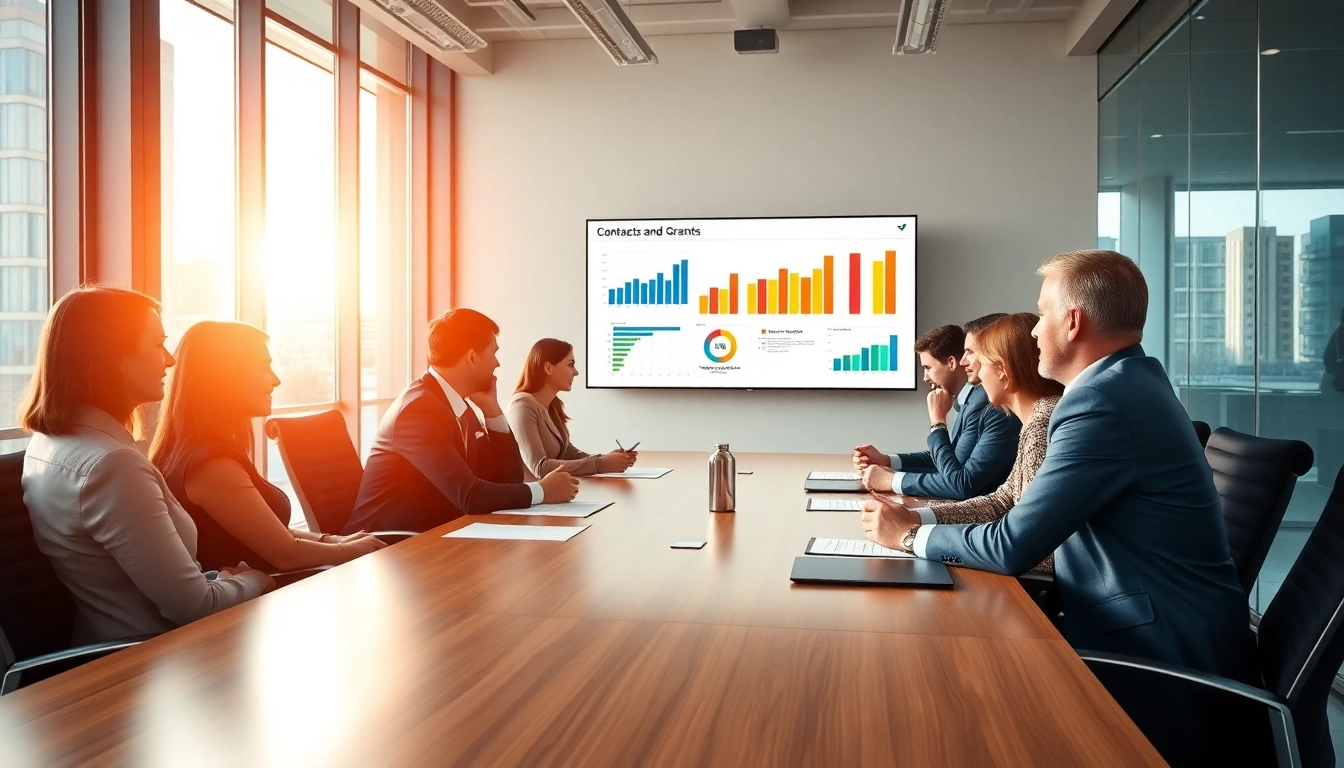 Business executives discussing contracts and grants in a modern conference room.