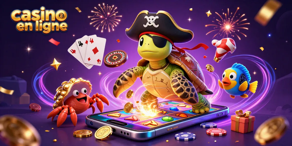 Image dynamique représentant un casino en ligne avec une tortue pirate et un smartphone de jeu.