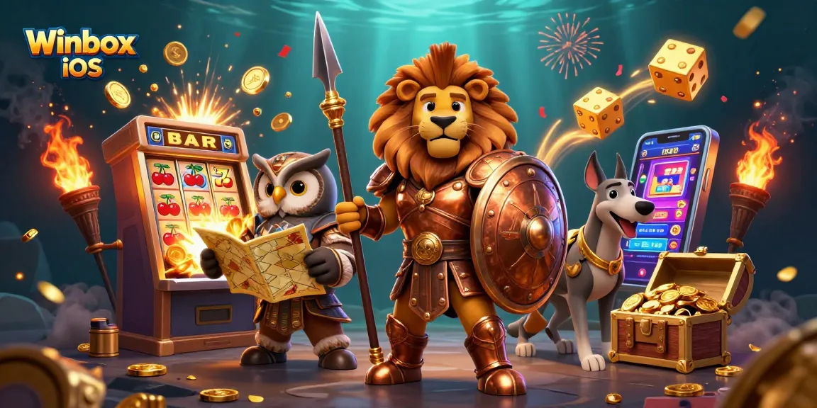 Winbox iOS app download featuring a vibrant casino-themed 3D illustration with engaging game elements.