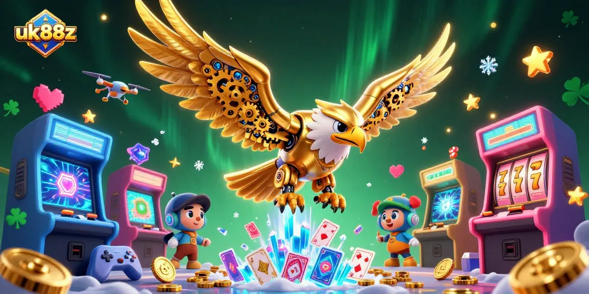 uk88z showcases a cybernetic eagle amidst colorful gaming elements and slot reels in an exciting casino scene.