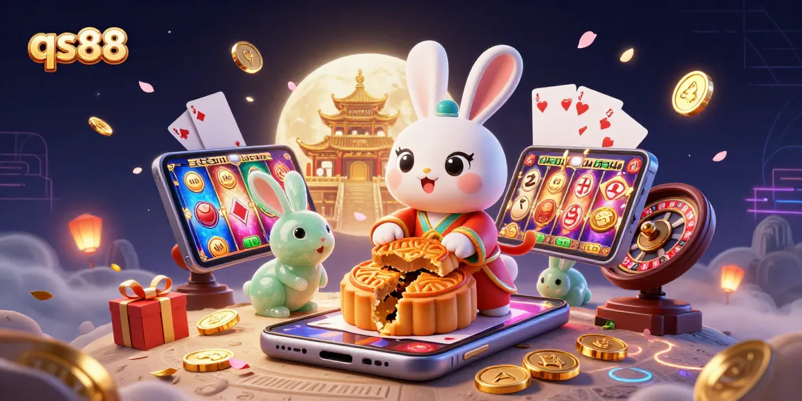 Experience thrilling gameplay at qs88 with a captivating 3D casino scene of a moon rabbit revealing poker chips.