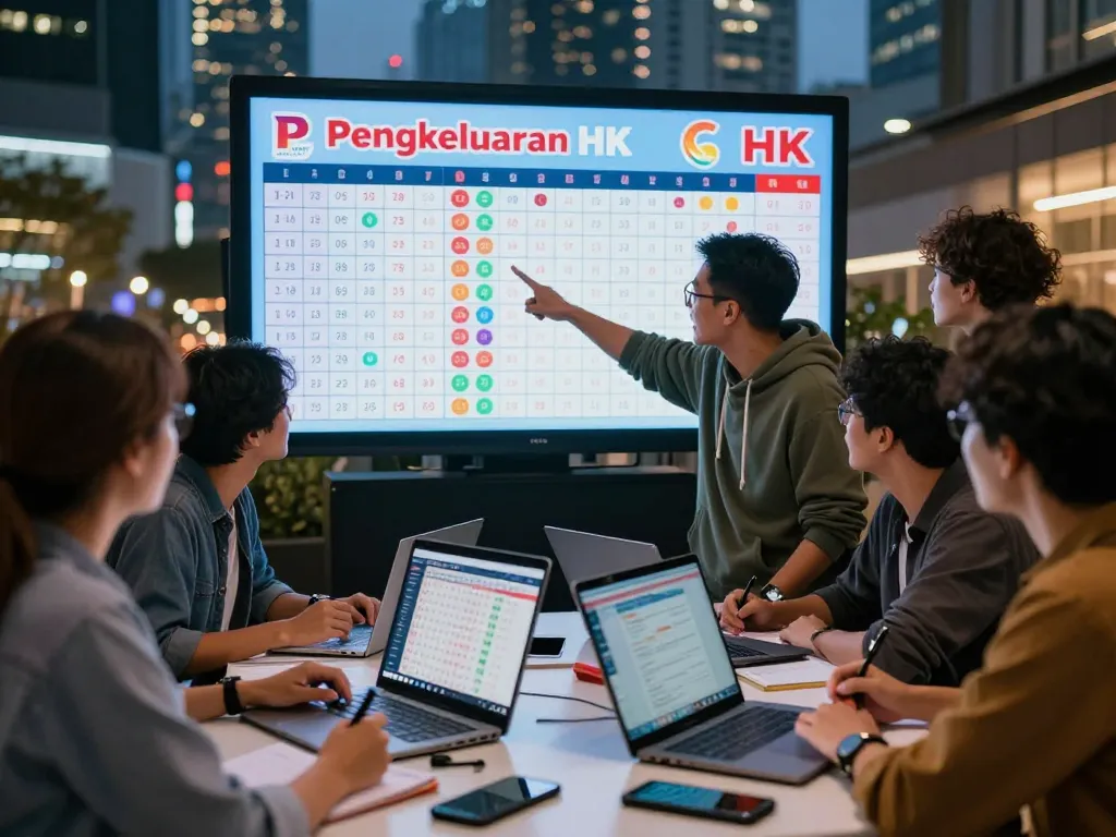 Engaging scene of people discussing Pengeluaran HK lottery results with digital screen updates and urban energy.