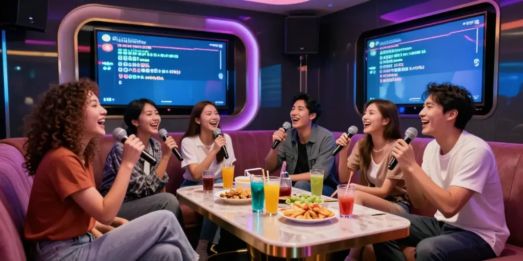 달토에서 친구들과 즐겁게 노래 부르는 모습과 화려한 조명