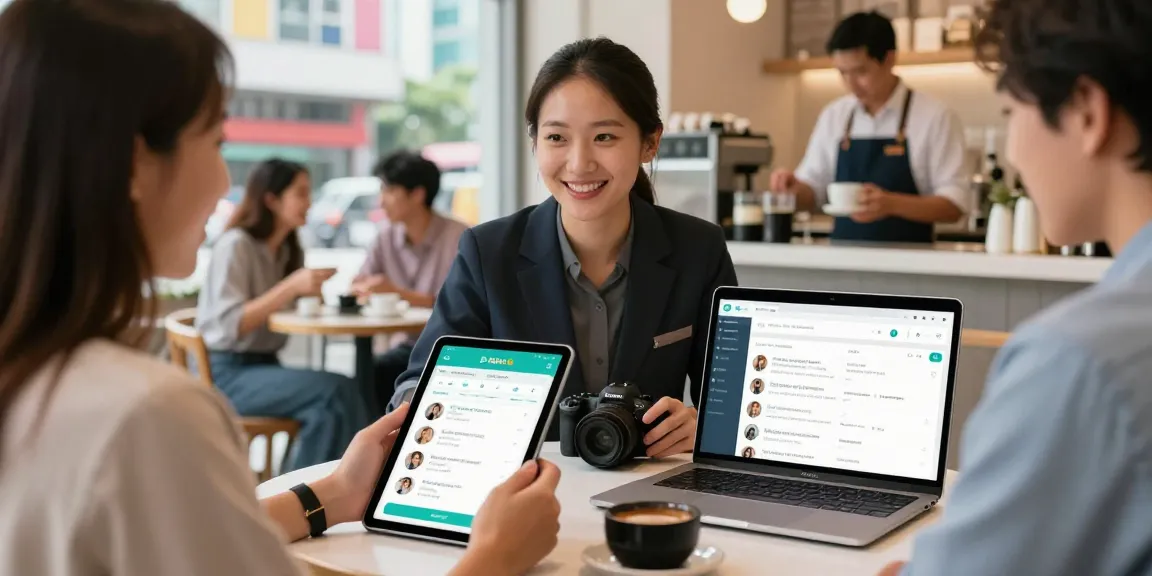 Find a pro on Sifu24 in a vibrant café scene where professionals engage with clients through a mobile app.