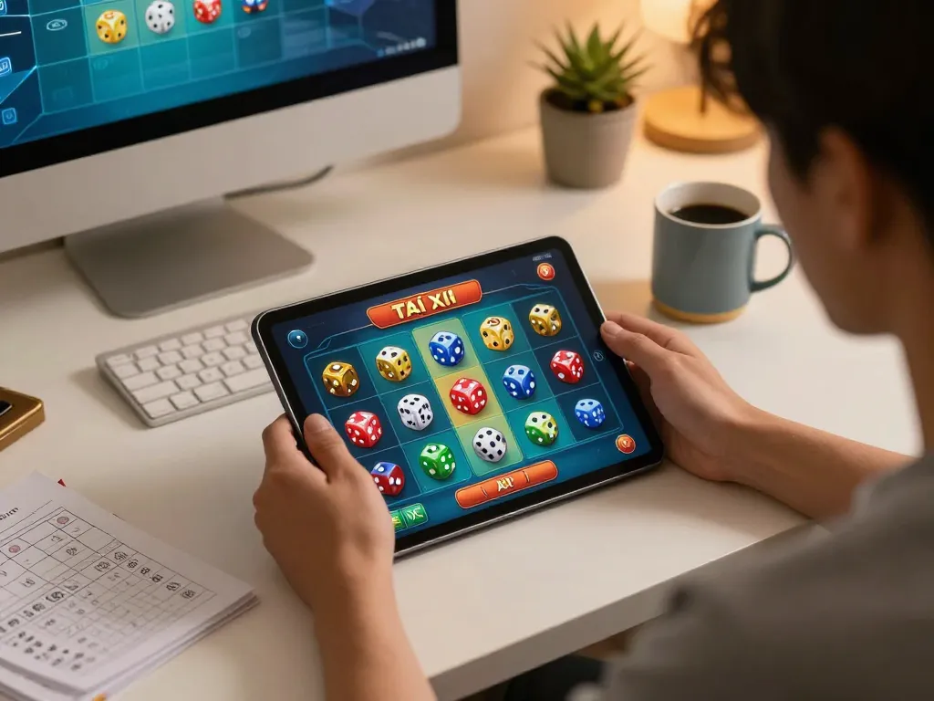 Tài xỉu online uy tín gameplay on tablet at home with strategy notes and warm lighting.