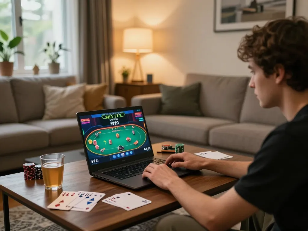 Player enjoying strategic online poker at home with gamebaidoithuong8 on screen, enhancing entertainment experience.