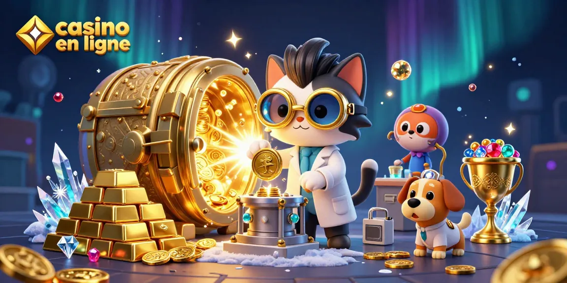 Illustration d'un laboratoire de casino en ligne montrant un scientifique fou, un chat et un chien assistant créant une machine à pièces d'or.