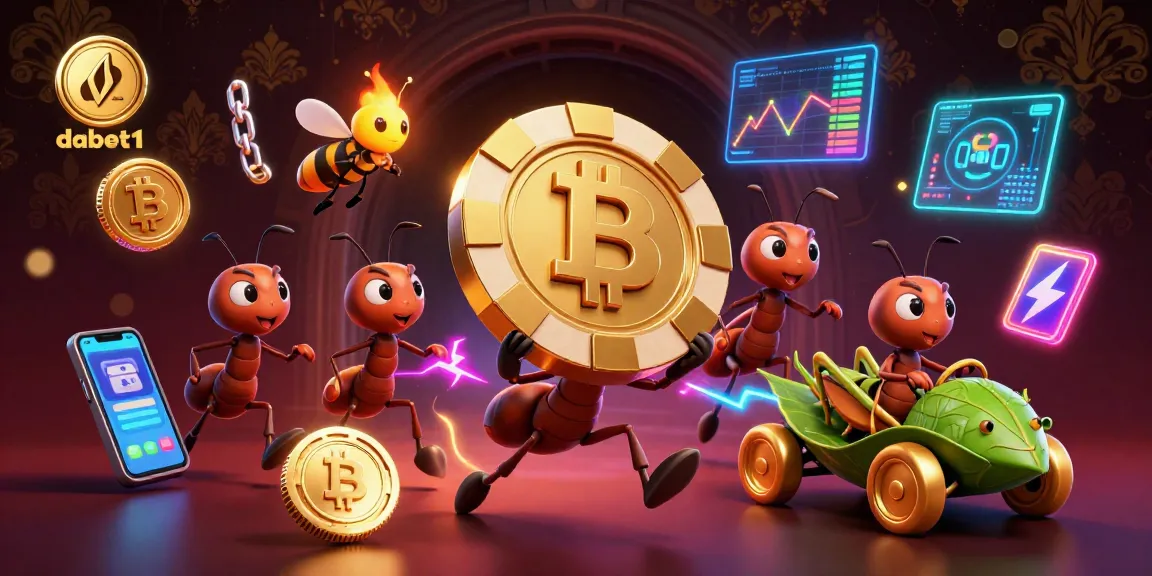 Experience the excitement of dabet1 with ants stealing a giant poker chip amidst dazzling crypto elements.