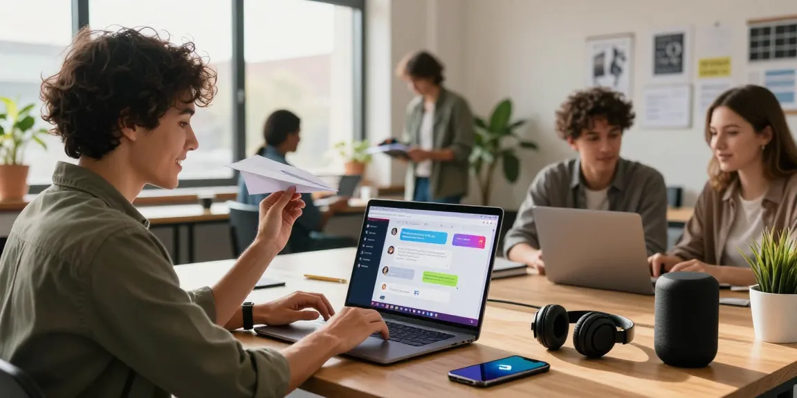 Engaging workspace showcasing the paper airplane版本的Telegram on a laptop, with tech-savvy individuals collaborating in a modern setting.