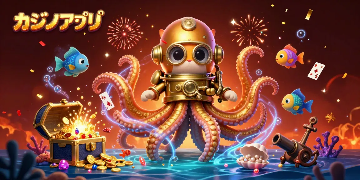 カジノアプリを使用して金のコインと宝石を獲得する海の冒険を描いたビジュアル。