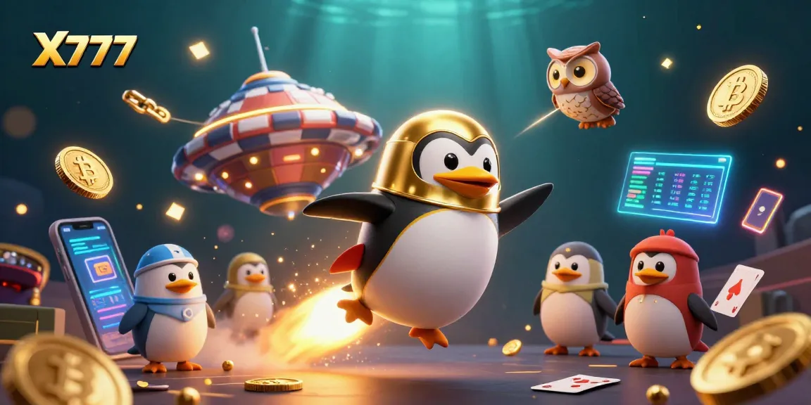 X777 offers thrilling casino experiences with a golden penguin navigating through a vibrant gaming universe.
