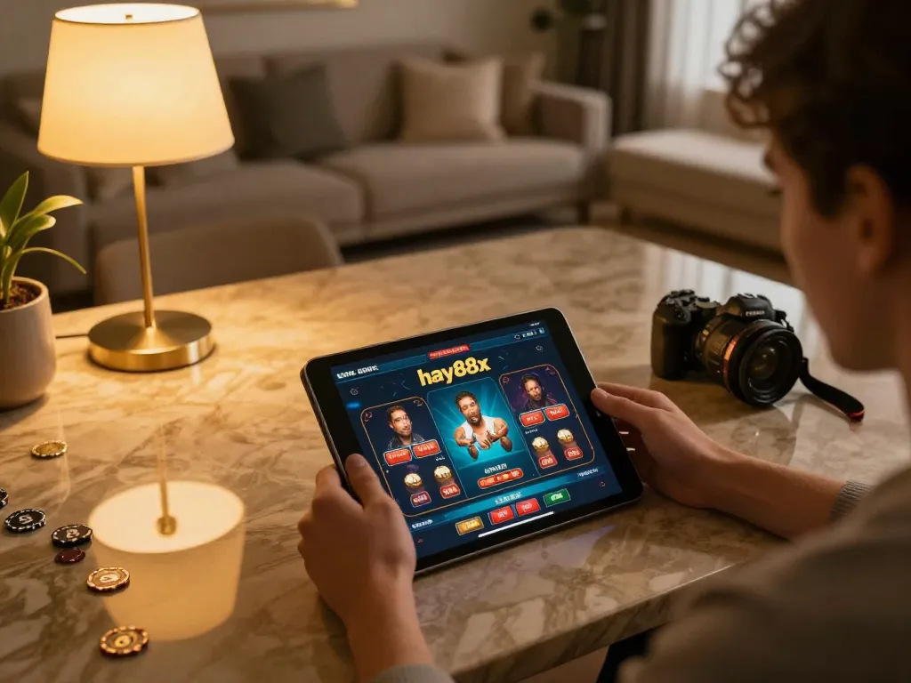 Engaging with hay88x on a tablet in a cozy home setup, showcasing online casino gaming.