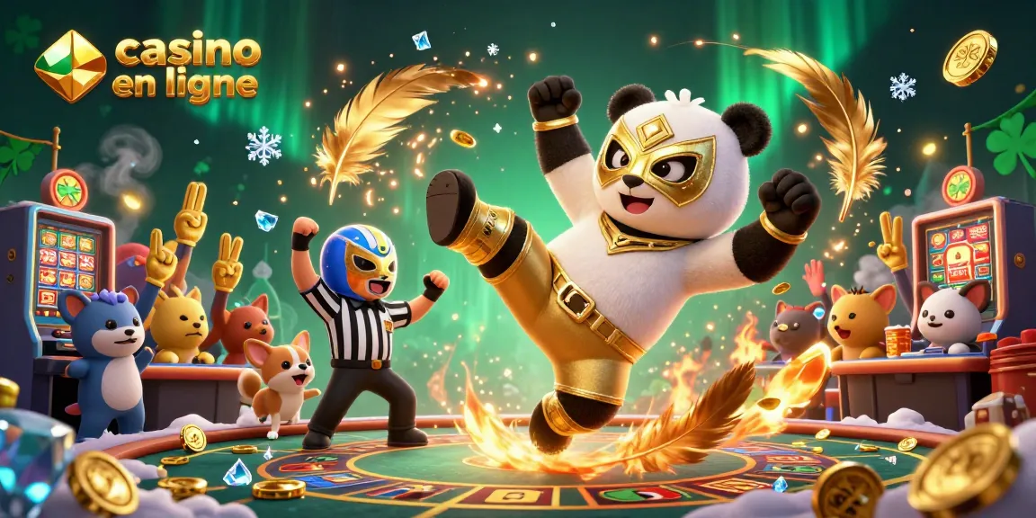 Animation dynamique avec un panda lutteur dans un casino en ligne, entouré de spectateurs et de jetons d'or.
