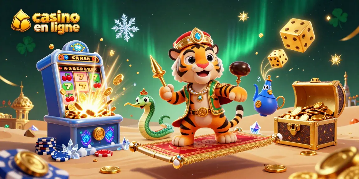 Jouez dans des casinos en ligne avec cette illustration 3D dynamique remplie d'éléments de jeu.