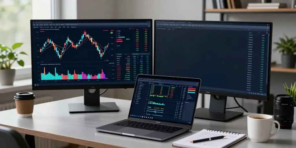 Trader using MetaTrader 5 in a modern home office with dual monitors and analytical tools.