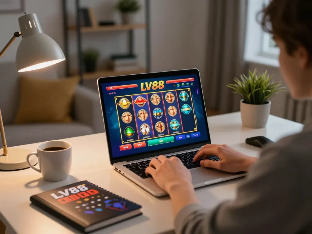 Player engaging in online gambling on LV88, showcasing vibrant slot game interface and focused atmosphere