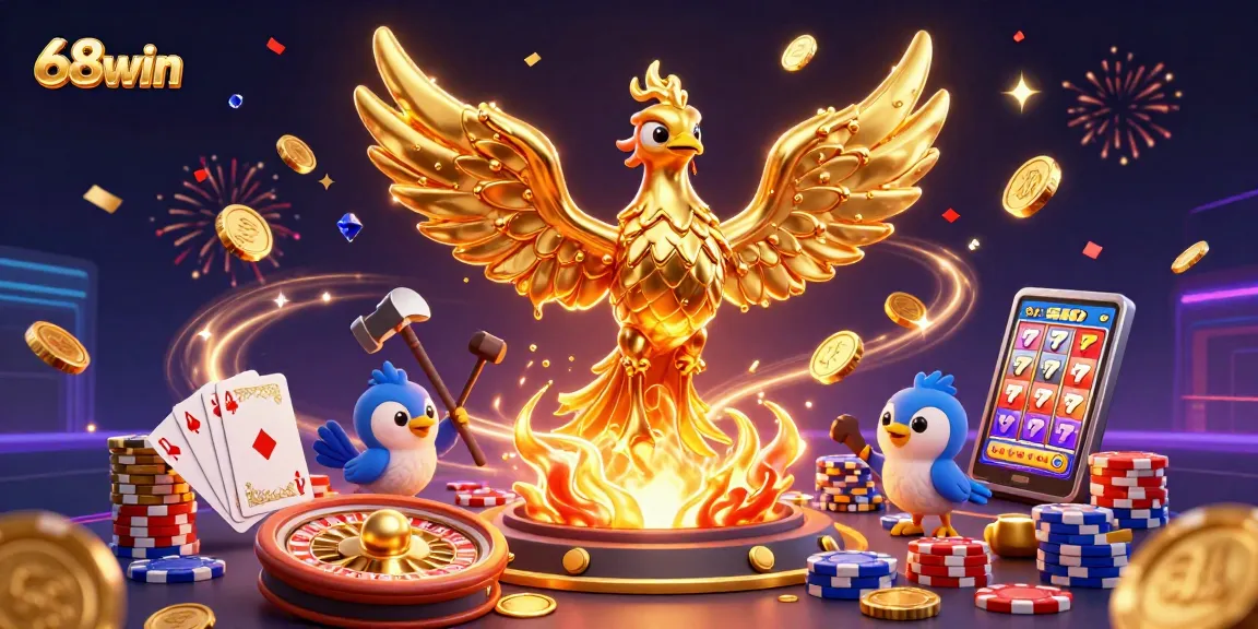Experience the thrill at 68win with towering stacks of colorful poker chips and golden coins.